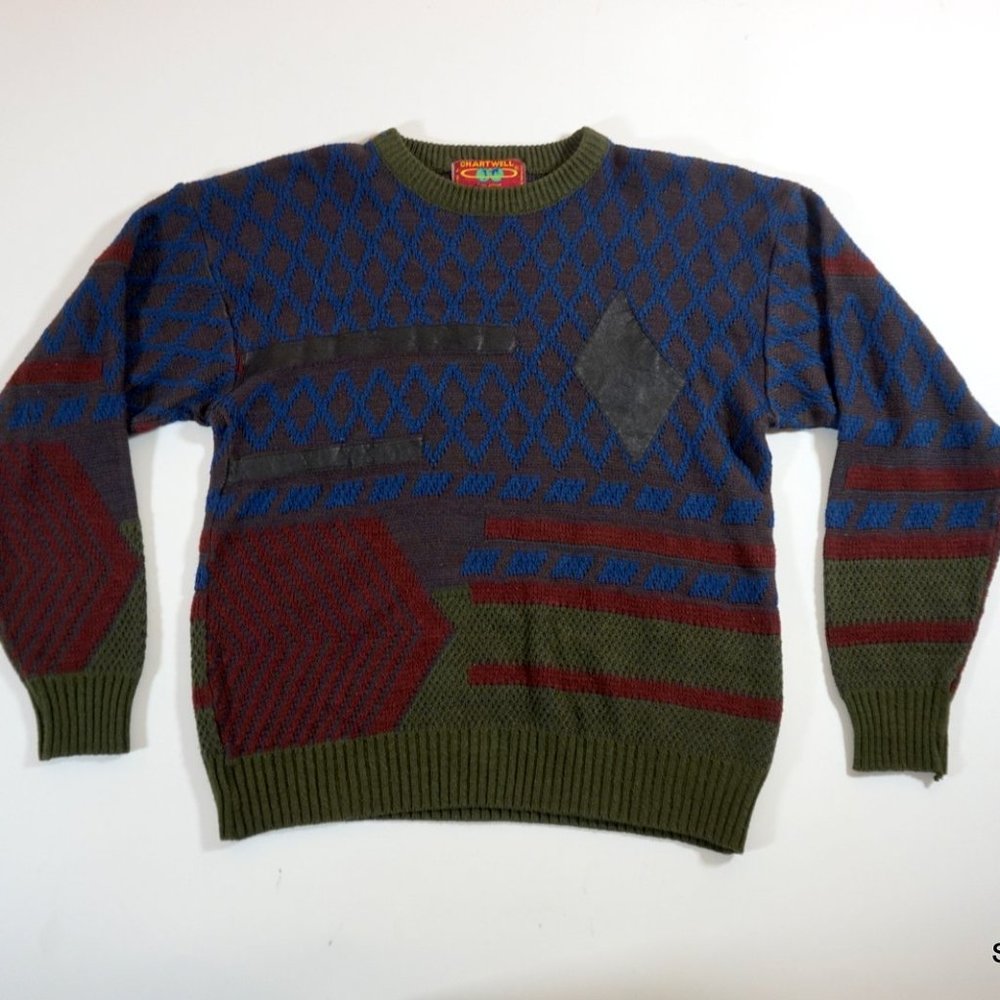 Vintage 80s Chartwell Sweater Men's Large Colorful Geometric Leather Acrylic